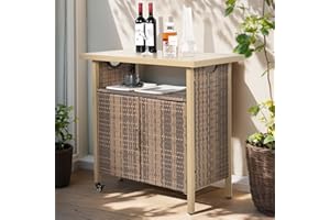 Villeston Outdoor Indoor Storage Cabinet with Rolling Wheels, Patio Serving Cart with Bar Table and Wicker Cabinet, Kitchen Island Prep Table, Beige