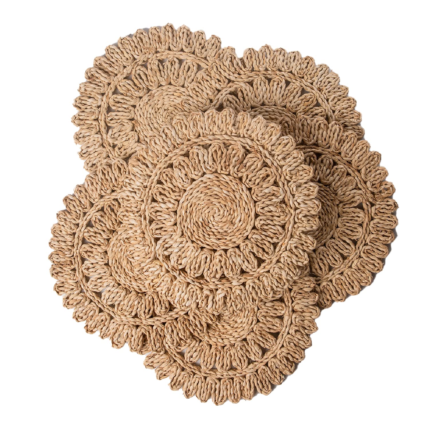 Photo 1 of Laquedecraft 13.8" Round Corn Husk Placemats Set of 6 | Boho Rattan Woven Table Mats | Farmhouse Spring Plate Chargers Like Water Hyacinth, Seagrass for Wedding, Party, Christmas, Events