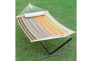 GAFETE Waterproof Double Hammock with Stand for Outside Heavy Duty, 2 Person 55'' Extra Large Quick Dry Textilene Hammocks with Hardwood Spreader Bar, Detachable Pillow, 475lbs Capacity (Coffee)
