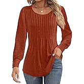 Ficerd Women's Puff Long Sleeve Tunic Tops Pleated Crew Neck Blouses Dressy Casual Loose Fit Fall and Winter Shirts