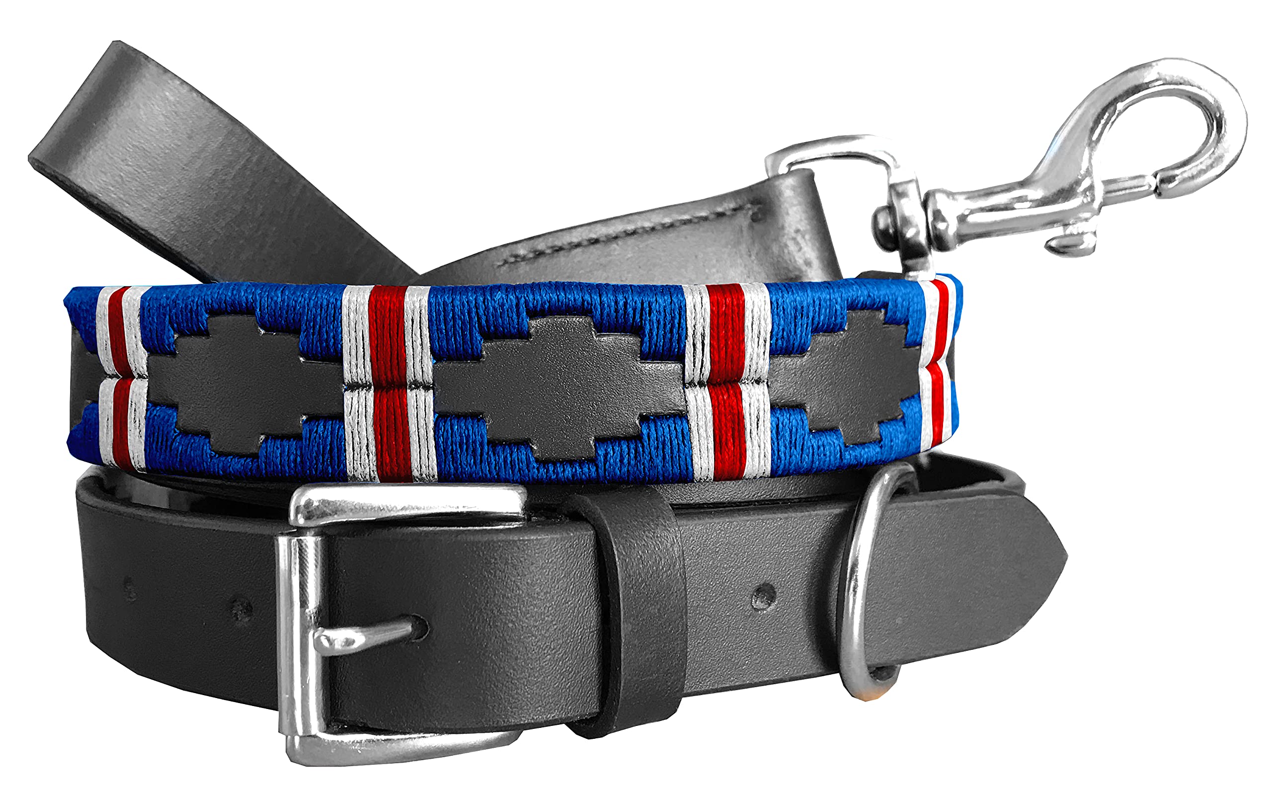 Carlos Diaz Genuine Leather Waxed Embroidered Polo Dog Collar + Free Matching Lead L