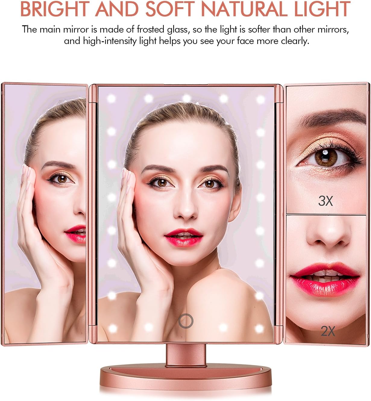 Flymiro Tri-fold Lighted Vanity Makeup Mirror with 3x/2x Magnification,21 LEDs Light and Touch Screen,180 Degree Free Rotation Countertop Cosmetic Mirror,Travel Makeup Mirror (Rose Gold): Home & Kitchen
