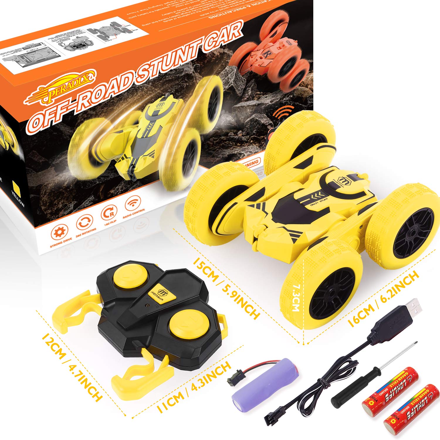 Peradix Macchina Telecomandata, 4WD RC Auto Telecomando 360° Rotazione Acrobatica RC Stunt Car, 2.4GHZ Macchina Radiocomandata per Bambini Giocattoli - (Batteria e Cavo di Ricarica USB Inclusa)