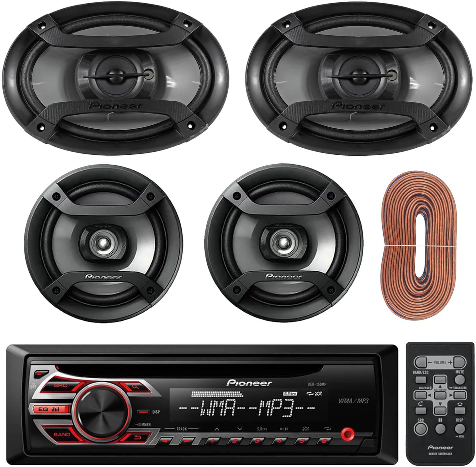 New Pioneer DEH150MP Car Stereo CD Receiver Bundle Combo With 2 Refurbished Pioneer TS-695P 6 X 9" 230W Full Range Car Audio Spekaers + 2 Refurb. TS165P 6.5" Speaker + Enrock 50Ft Speaker Wire