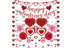 AMANDIR Valentines Day Decorations Kit with Happy Valentine's Day Banner, Heart Garland Honeycombs Tissue Fans Poms, Glitter Heart Hanging Swirls for Valentines Party Supplies Home Anniversary Wedding Decor