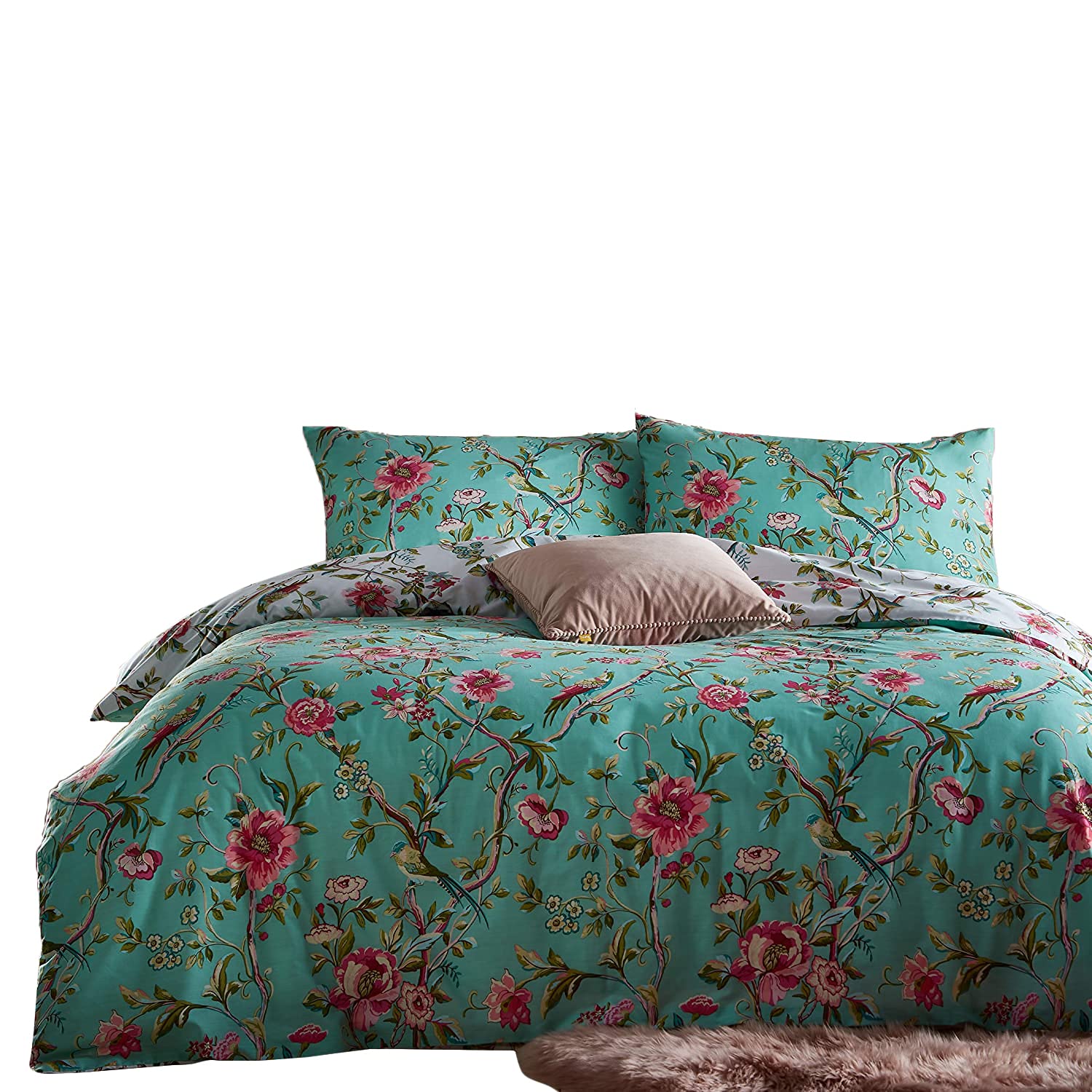furn. Vintage Chinoiserie Duvet Cover and Pillowcase Set – Floral Exotic Bird Reversible Bedding (Jade – Single)