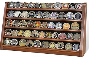 ASmileIndeep 5 Rows Challenge Coin Holder Display Stand Holds 50 Coins for Wall Mount or Tabletop, Solid Wood Military Coin Rack Display Case for Collectibles, Walnut