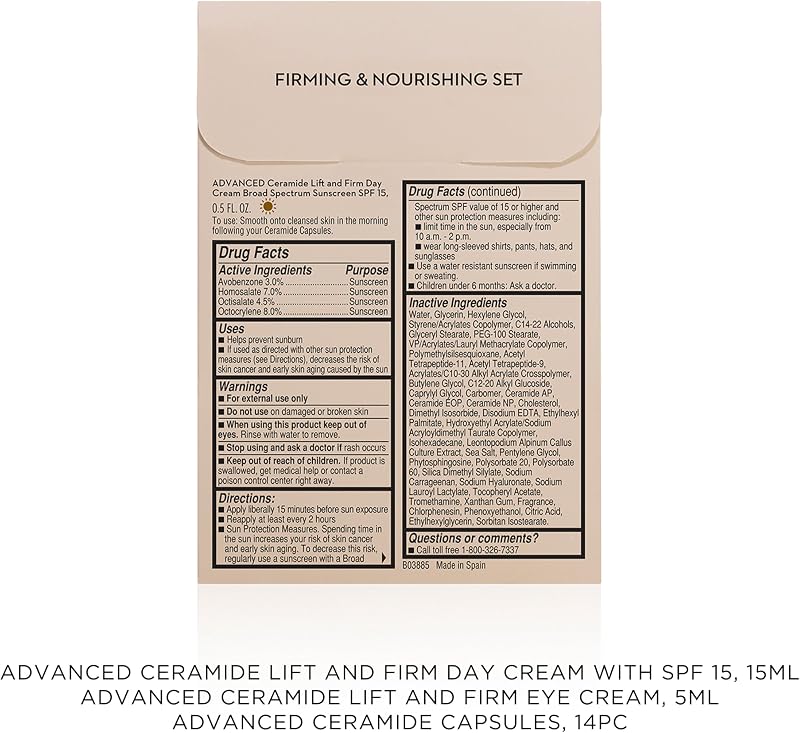 - Kit de 3 peças Lift Starter, cápsulas Advanced Ceramide Sérum, Creme de Dia Lift and Firm SPF 15 e Creme para os Olhos, Kit de Cuidados de Pele Anti-Idade Adaptado à Viagem