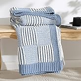 Amélie Home Checkered Knit Throw Blanket for Couch, Chenille Texture Decorative Soft Blanket for Sofa & Chair, 50"x60", Blue & White