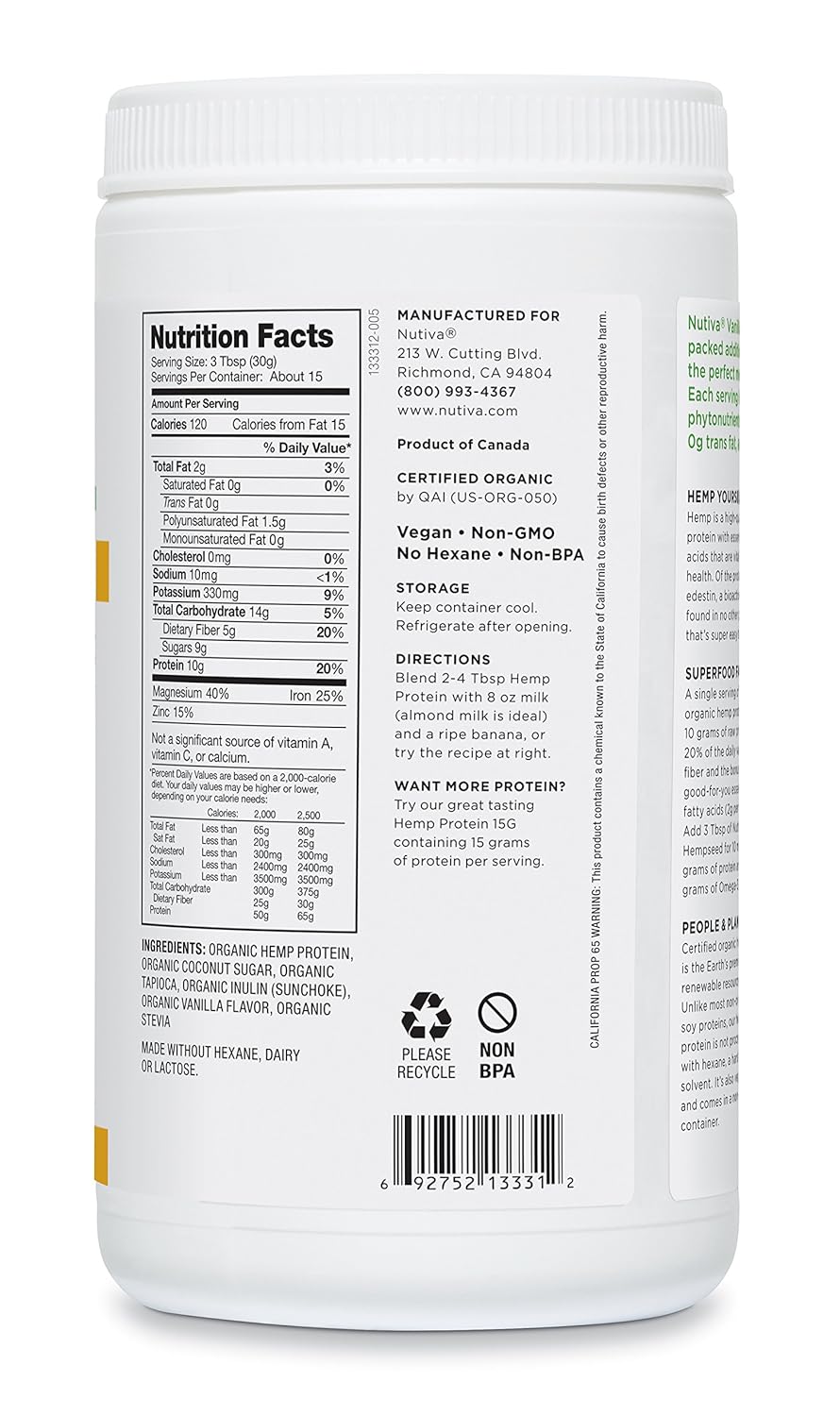 Nutiva Organic Cold-Pressed Hemp Seed Protein Powder, Vanilla, 16 Ounce: Grocery & Gourmet Food