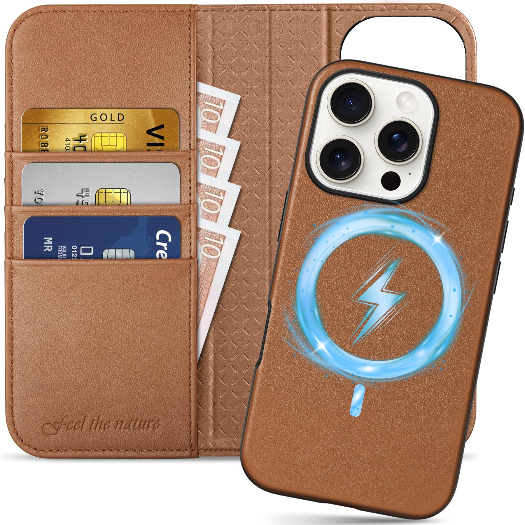 SHIELDON Case for iPhone 16 Pro, Genuine Leather 2 in 1 Detachable Wallet with Card Slots [RFID Blocking][Kickstand] Magnetic Wireless Charging Flip Case Compatible with iPhone 16 Pro - Saddle Brown