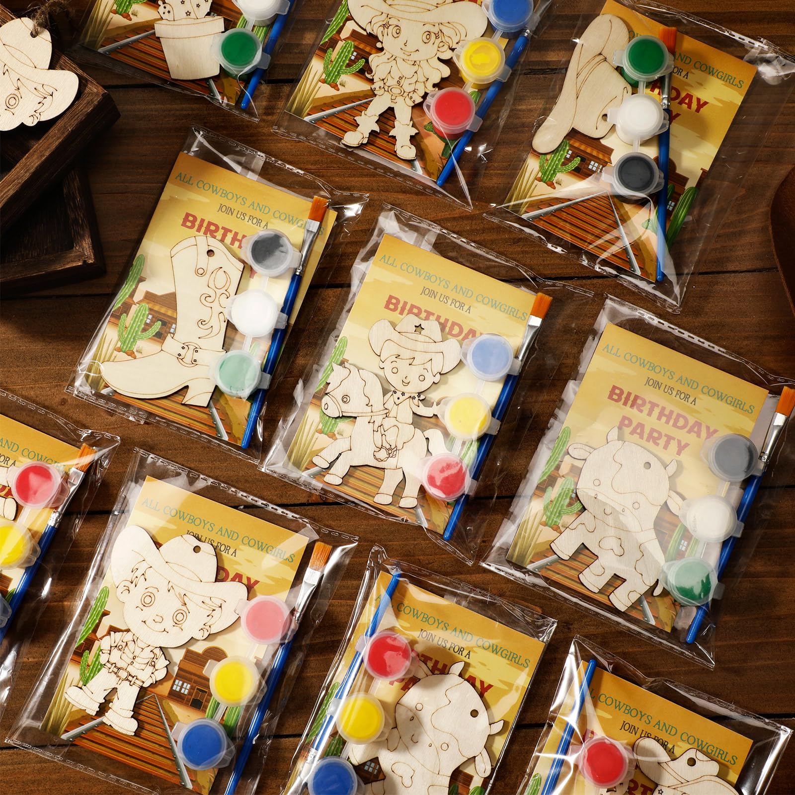 Photo 1 of Saypacck 24 Pcs Western Cowboy Party Favors Wooden Painting Craft Kits Wild West Party Supplies with Organza Bag for Rodeo Western Farm Barnyard Birthday Favors Goodie Bags Fillers