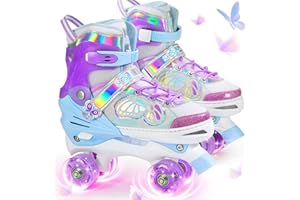 SHDSL Kids Roller Skates for Girls Boys Beginner, 4 Sizes Adjustable Quad Butterfly Roller Skates with All Light up Wheels, B