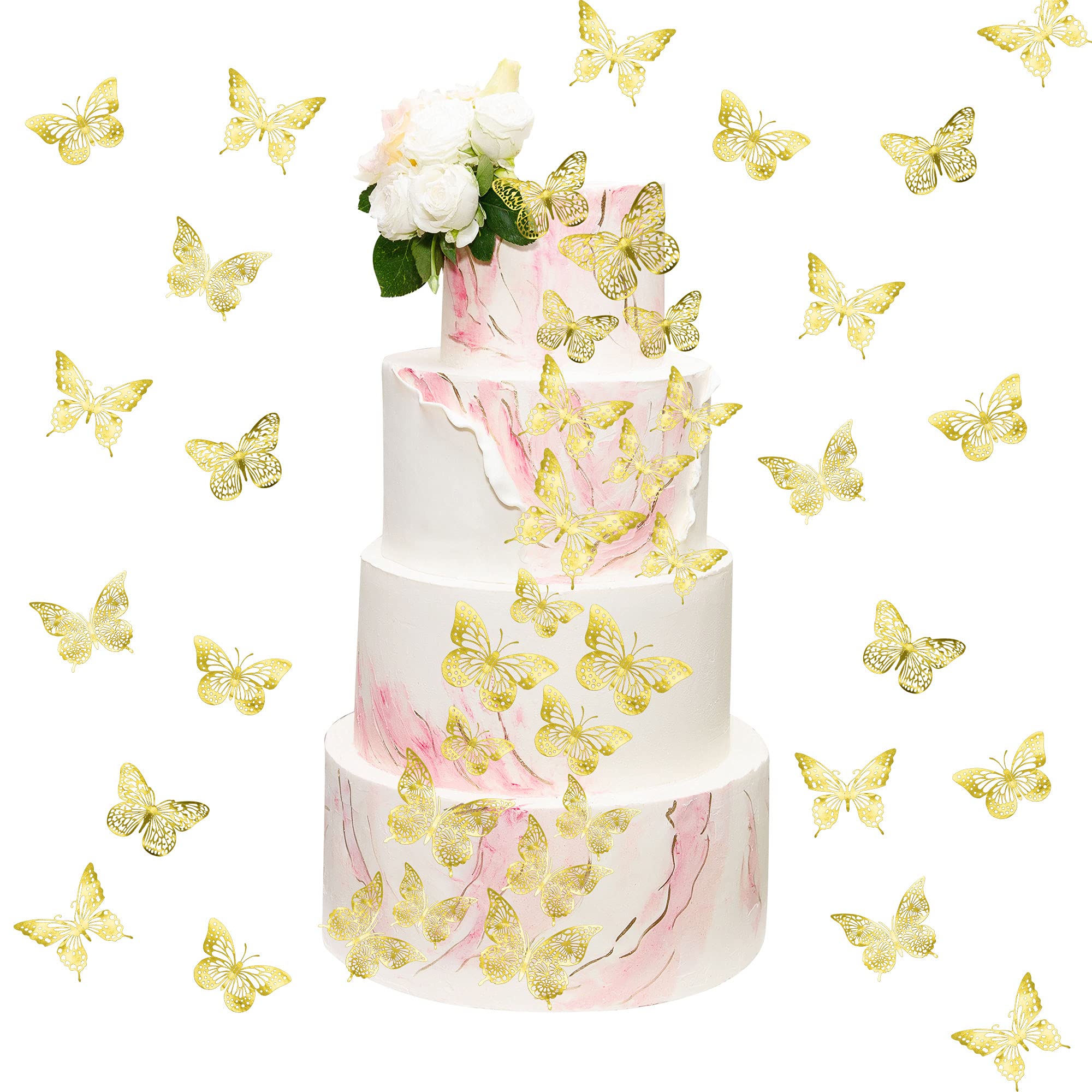 Gyufise 48Pcs Gold Lively 3D Butterfly Cupcake Toppers Mixed Size Hollow Art Butterfly Cupcake Topper Baby Shower Wedding Anniversary Birthday Party Cake Wall Decorations Supplie