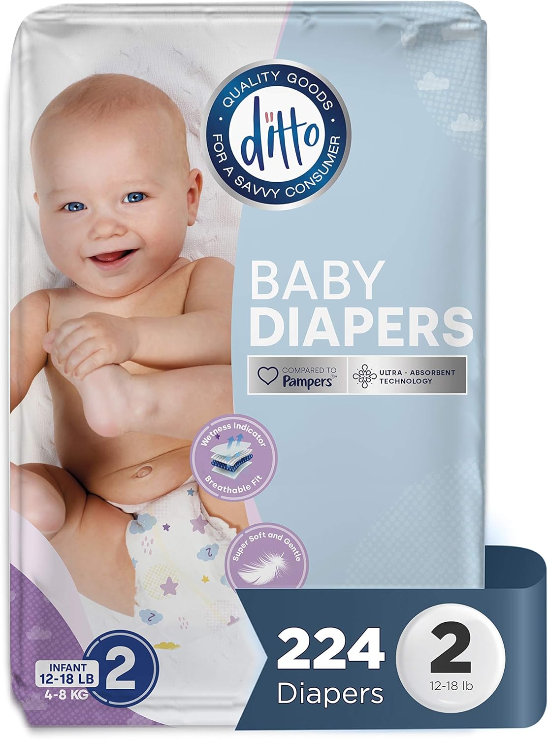Ditto Baby Diapers Size 2 (224 Count) – Breathable Disposable Diapers – 12-Hour Leak Protection & Wetness Indicator – Overnight Diapers for Sensitive Skin – No Fragrance, Chlorine, Parabens or Latex: Health & Personal Care
