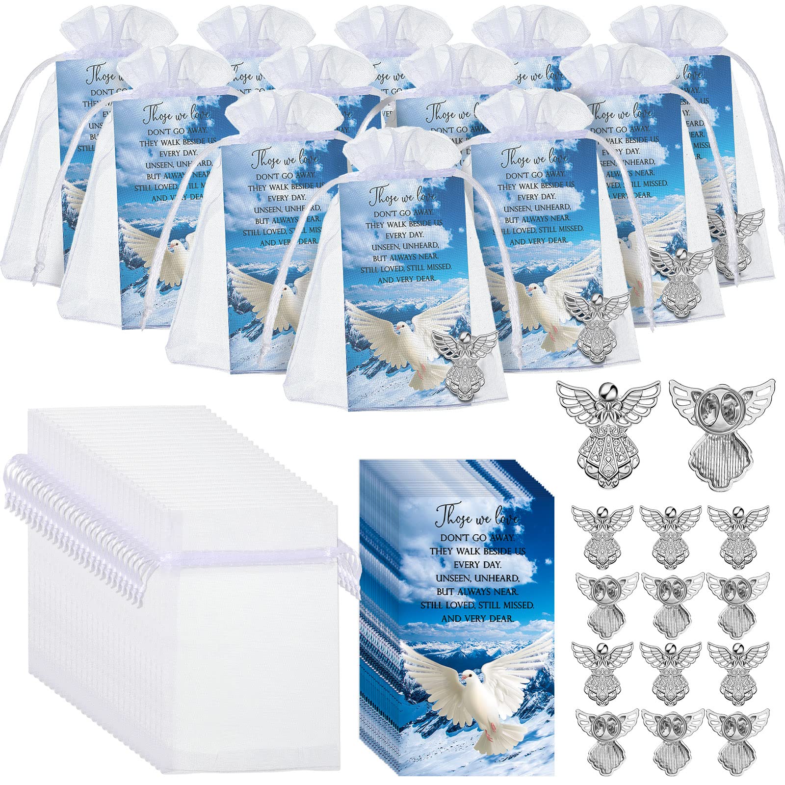 Photo 1 of *********READ CLERK NOTES**********  
Inbagi 100 Sets Memorial Angel Pins Bulk Funeral Favors Includes 100 Angel Lapel Pin Brooches Dove Poem Cards Organza Bags Memorial Sympathy Gifts Charms Collectible Figurines