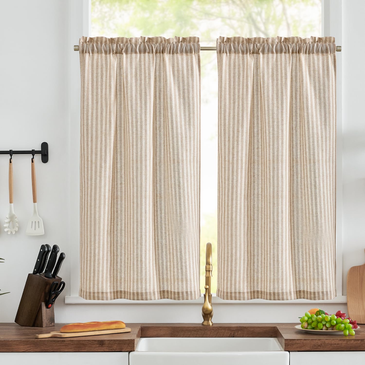 TOPICK Taupe Striped Kitchen Curtains, Light Filtering Small Cafe Curtains 45 Inch Drop, Rod Pocket Short Half Window Curtain Tier 2 Panels for Bathroom, Cupboard Base, Sink, Bedroom, W26 x L45 Inch