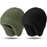 Jeere 2 Pack Winter Knit Ear Flap Hat for Men Women - Thick Fleece Lined Warm Beanie with Ear Cover, Stretchy Skull Cap (Black & Army Green) for Cold Weather Outdoor Sports