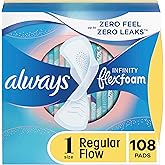 Always Infinity Feminine Pads for Women, Flexfoam Pads with Wings, Size 1, Regular Absorbency, Unscented, 108 Count (3 Packs 