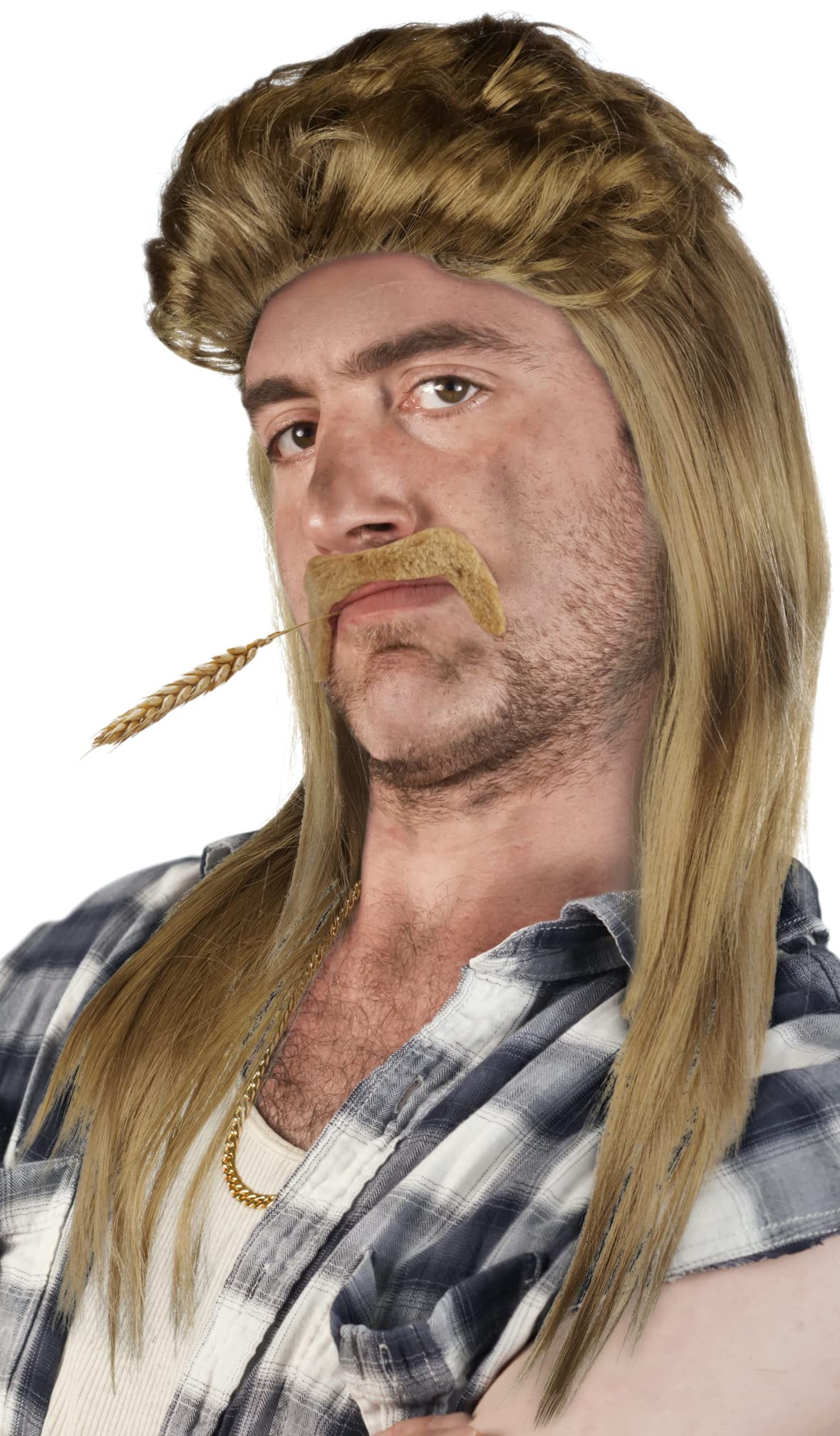 Balinco Mullet Wig + Beard + Gold Chain - Rocker Chav Wig (Blonde + Beard + Gold Chain) - 50cm