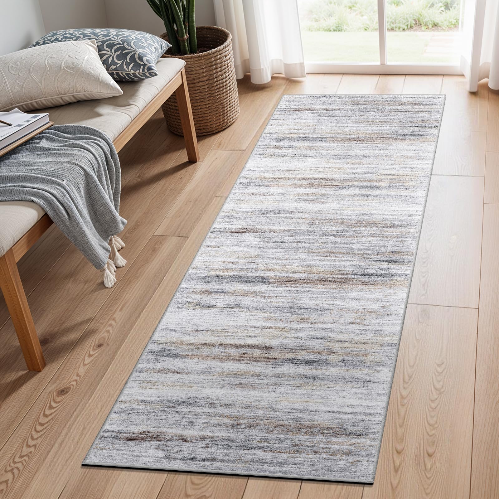 Photo 1 of Washable Kitchen Runner Rug for Family: Easy-to-Clean Runners for Hallway Entryway Bedroom - Stain and Water Resistant Rugs with Non-Slip Backing - Soft Low-Pile Carpet 2x6 Beige Grey