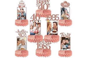 Guiruiy 8Pcs Happy 40th Birthday Decorations Honeycomb Centerpieces for Women, Pink Rose Gold Glitter Hello 40 Birthday Photo Table Centerpieces Party Supplies, Pink Forty Bday Photo Table Topper