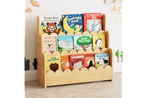 SpaceAid 3-Tier Scalloped Bookshelf, Montessori Bookcase for Toddlers, Wooden Book Shelf Organizer Display Furniture for Kids Rooms, Playroom, Nursery and Classroom, Natural