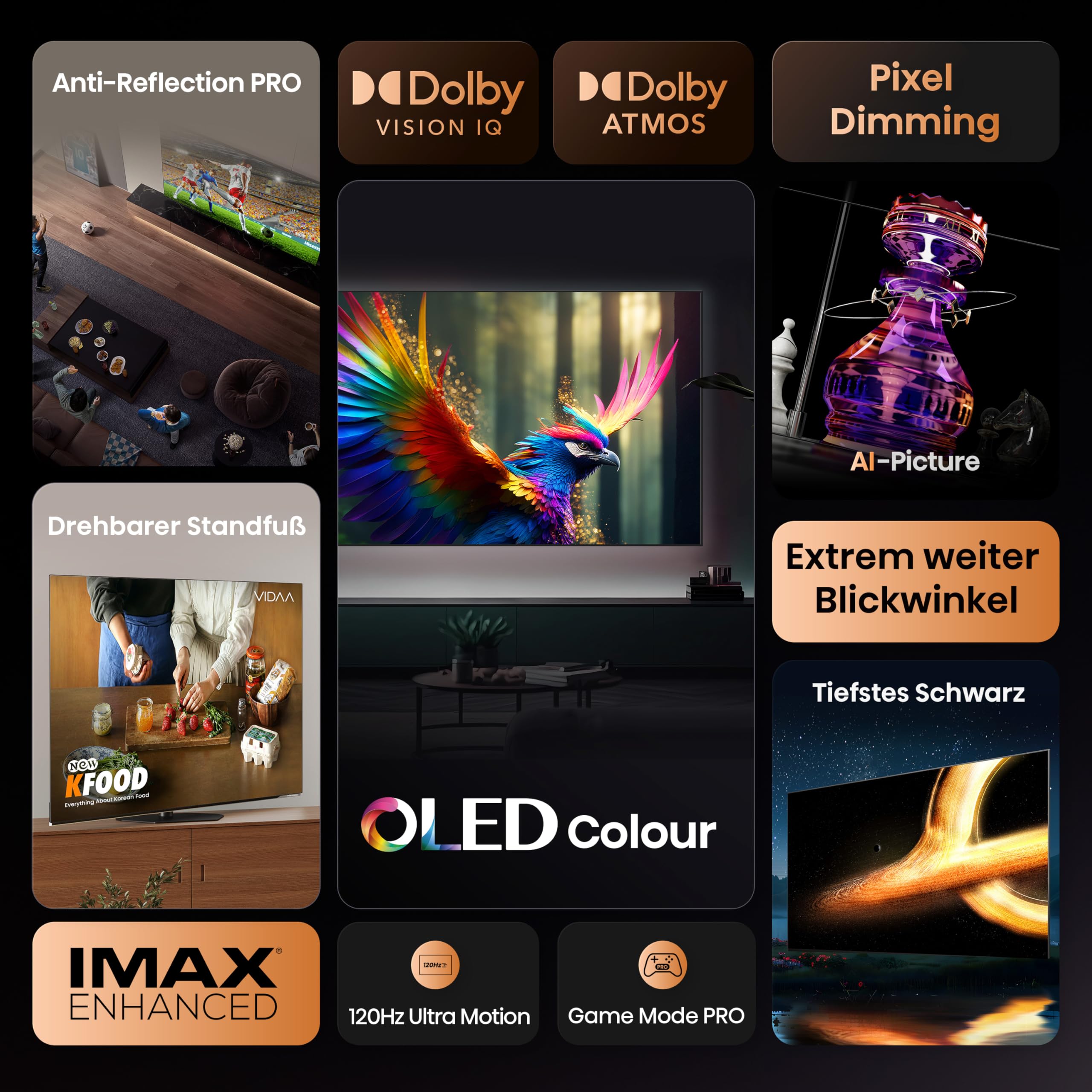 Hisense 65A85Q 164cm (65 Zoll) Fernseher, 4K UHD OLED Smart TV,120Hz, HDMI 2.1, Game Mode Pro, AMD FreeSync Premium, Dolby Vision IQ & Atmos, Bluetooth, Alexa Built-in, Schwarz, [2025] 3