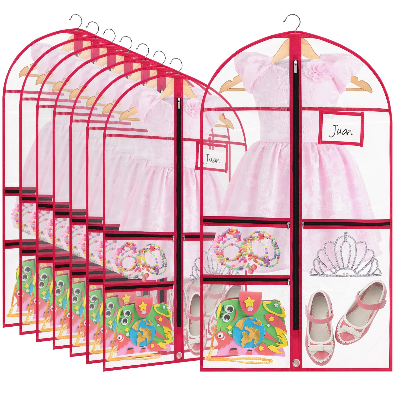 Photo 1 of FoldTier 8 Pcs Dance Costume Garment Bag for Dancers 40 Inch Clear PVC Waterproof Garment Bag with 3 Zipper Pockets for Dancers Competitions Hanging Clothes(Pink Edge)