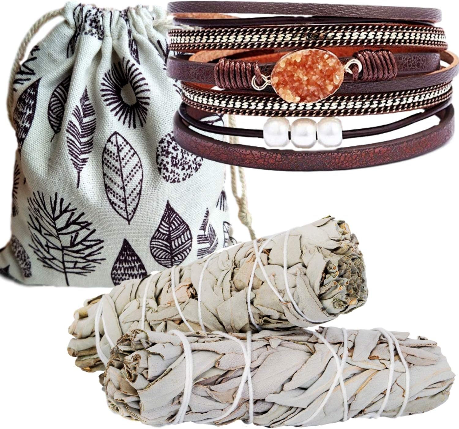 Worldly Finds 2 White Sage Smudge Stick Gift Set, Smudging Kit, Wrap Bracelet Fire Druzy Accent, Strong Magnetic Clasp,Instructions,Supplies Bag (Brown Druzy Leather Set)