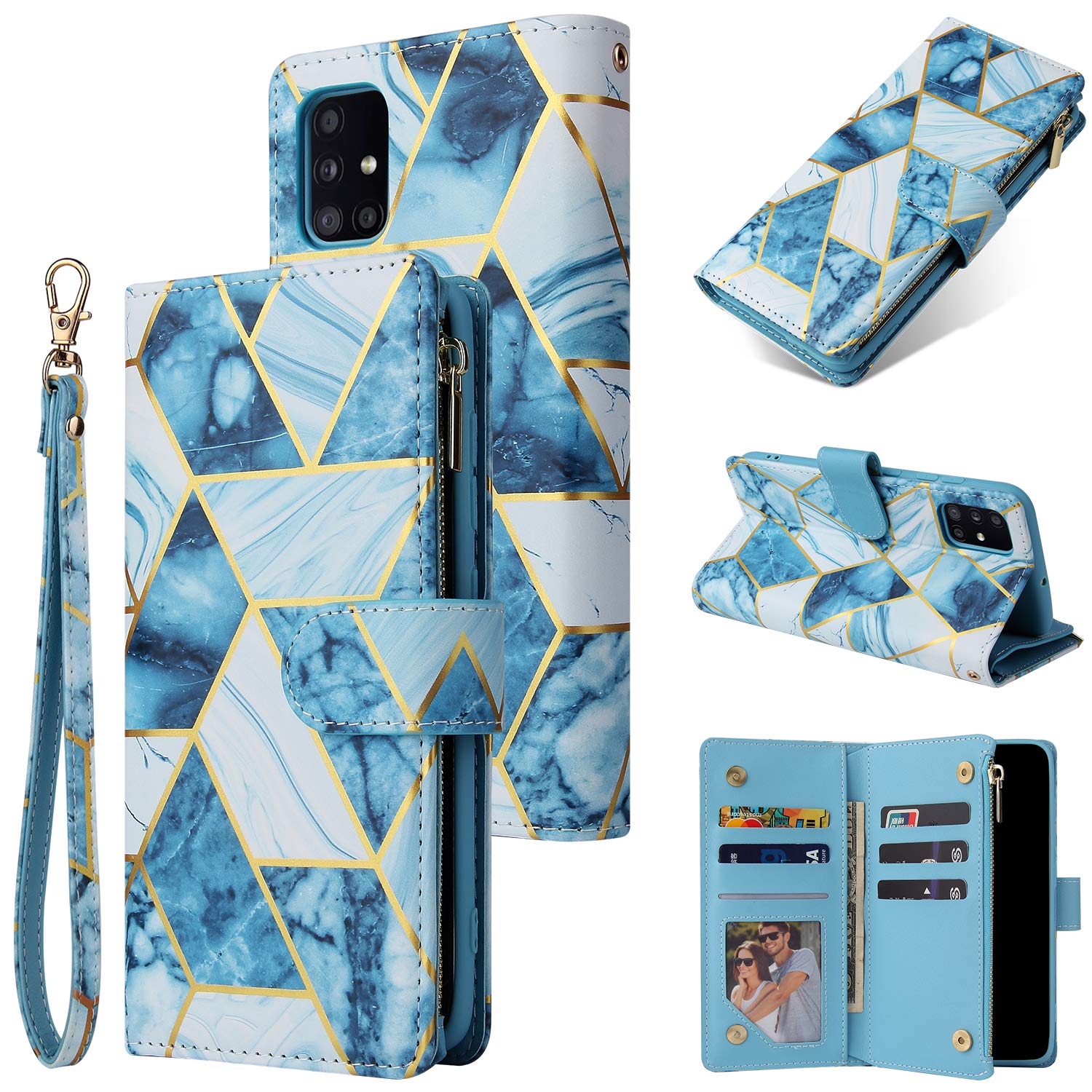 UEEBAI Wallet Case for Samsung Galaxy S10, Premium PU Leather Magnetic Closure Geometric Marble Pattern Handbag Zipper Pocket Case Kickstand Card Holder Slots Shockproof Flip Cover - Blue#2