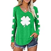 St.Patrick's Day T-Shirt for Women: Green Shamrock Print Shirts Lucky Clover Graphic Long Sleeve Casual Tee Tops