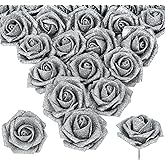 INSUNSIX Glitter Silver Roses Artificial Flowers 30pcs Silver Flowers Artificial Roses with Stems Glitter Roses for Wedding Corsage Floral Bridal Shower Centerpieces Table Decor