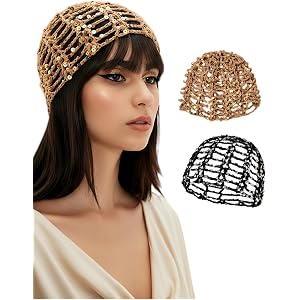 Mazilk Women's Handmade Crochet Sequin Beanie Hollow Out Skull Cap Hat | Soft Cotton, Breathable, Open-Knit Mesh, Y2K Boho St