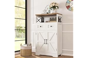 Befrases Farmhouse White Storage Cabinet with Doors and Drawers, Freestanding Kitchen Pantry Cabinet, Floor Storage Cabinet Hutch Cupboard for Kitchen/Laundry/Living Room/Bedroom