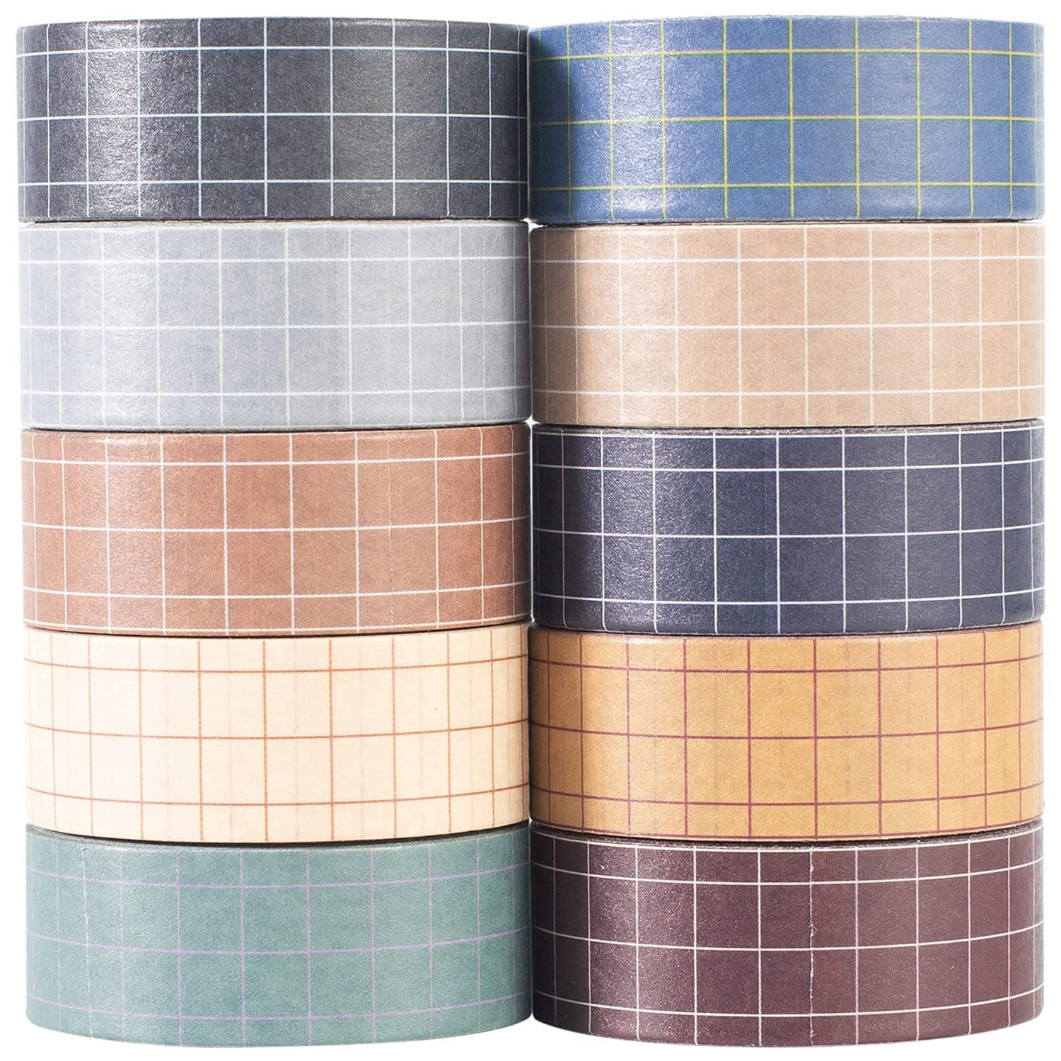 YUBX 10 Rolls Vintage Washi Tape Set 15mm Wide Grid Masking Decorative Tapes for Bullet Journals, Planners, Scrapbooking, Gift Wrapping, DIY Crafts (Fog City)