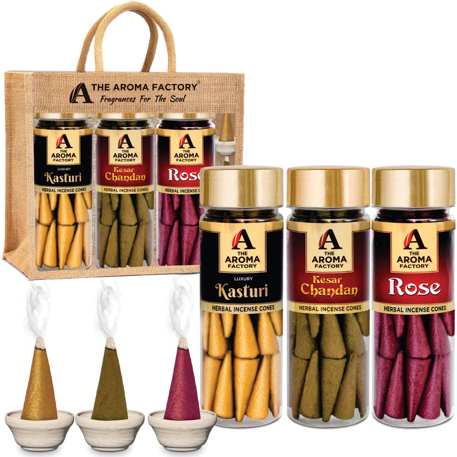 The Aroma Factory Organic Incense Dhoop Cones (Saffron Sandal, Rose, Musk Kasturi) No Charcoal | No Bamboo | 100% Herbal Fragrance | Assorted Pooja Dhoop, 3x30 Cones Jute Gift Set with Holder