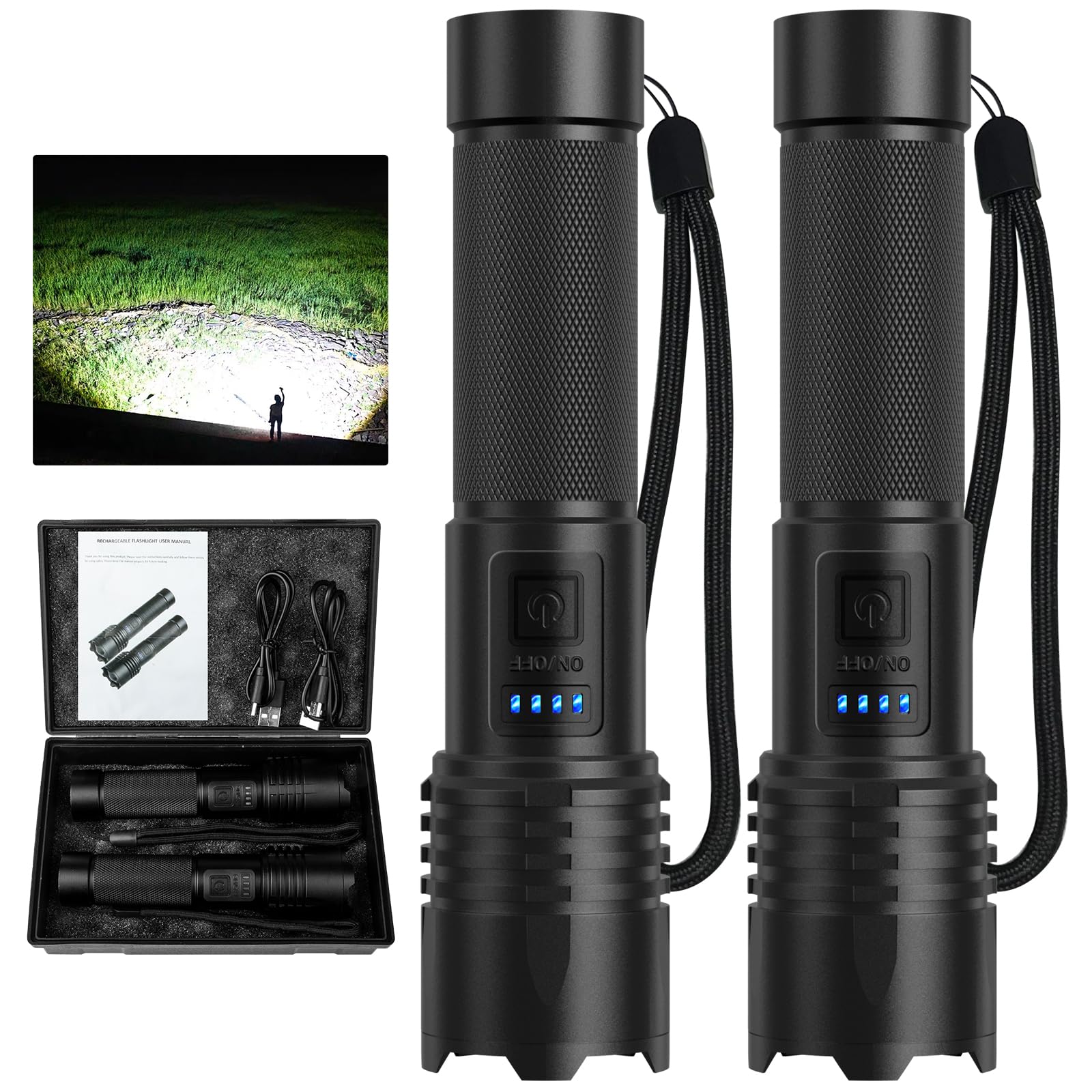 thumbnail interactive-video image 1 of Super Bright Tactical LED Flashlight – USB Rechargeable, 3 Modes, Adjustable Focus, Titanium Black 1 of 5