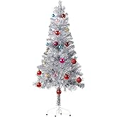 Wellwood 5 ft Tinsel Christmas Tree with 24ct Assorted Ornament Set, Metal Stand, Easy Assembly - Silver