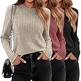 Huukeay 3 Pack Women's Long Sleeve Sweaters, Lightweight Crew Neck Shirts Regular Fit Tunic Tops Casual Solid Color Pullover