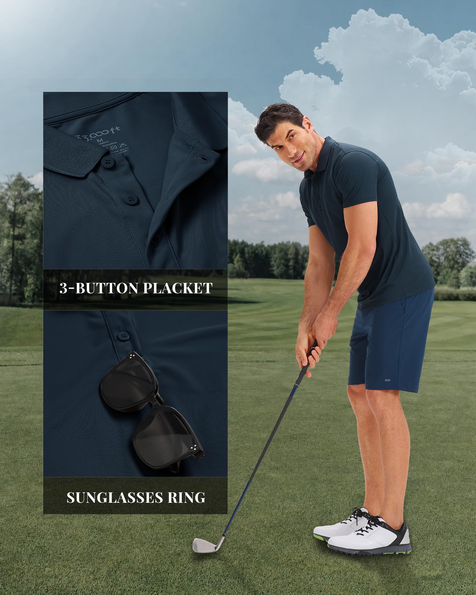 33,000ft Herren Poloshirt Golf Shirt UPF50+ Sonnenschutz Sommer Kurzarm Tshirts Schnelltrocknend Outdoor Sportshirt Männer zum Golf Tennis Dunkelblau(Nylon Spandex) L 5