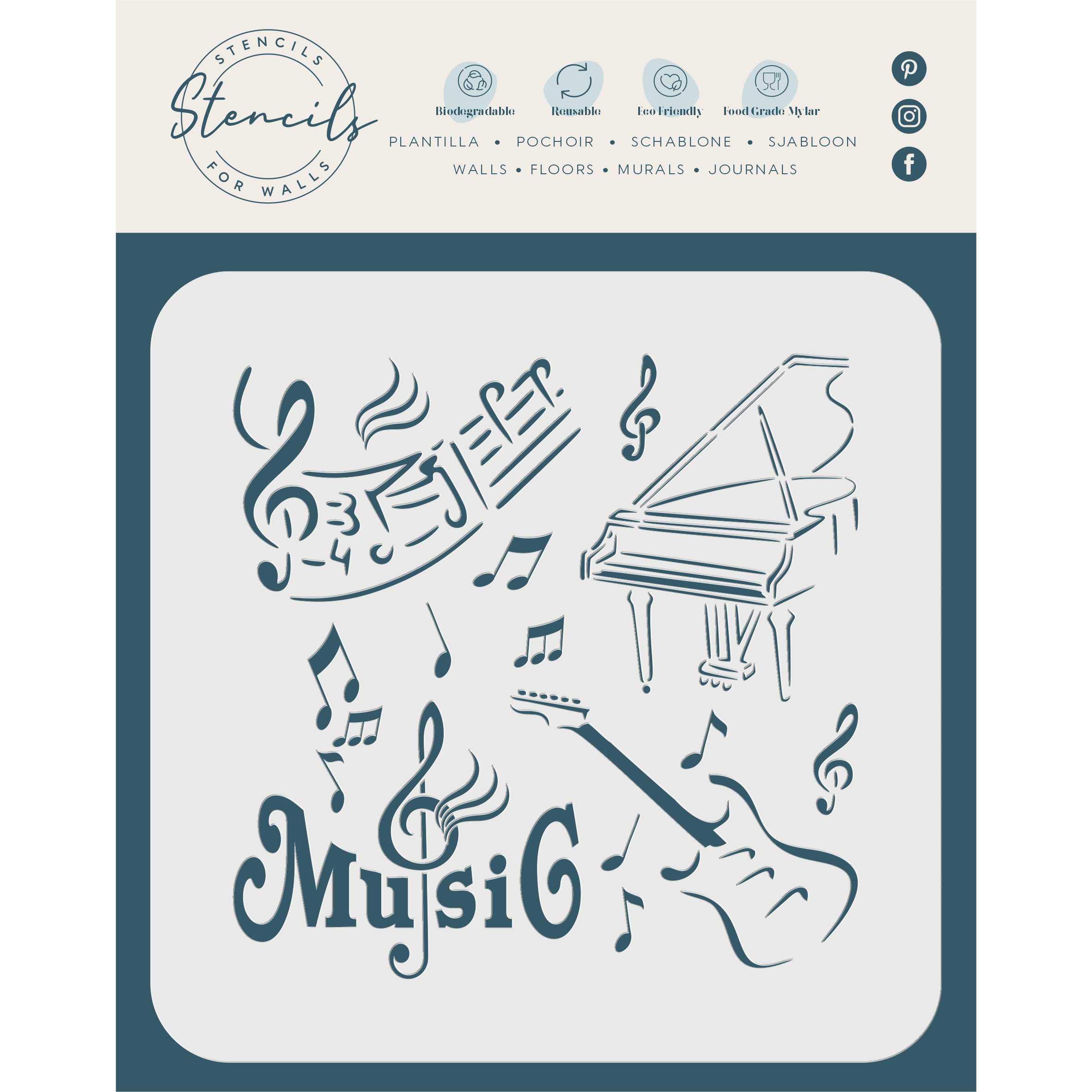 Stencil Company Music Stencil, 21.5 x 21.5 cm (L) - Mixed Media Piano Guitar Words Musical Notes Stencils for Painting Template