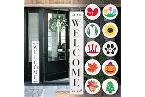 Monjita Welcome Sign for Front Porch Standing, Interchangeable Welcome Standing Sign with 5 Designed Double-Sided Icons for Front Door, All Seasonal Farmhouse Rustic Modern Porch Decor for Fall