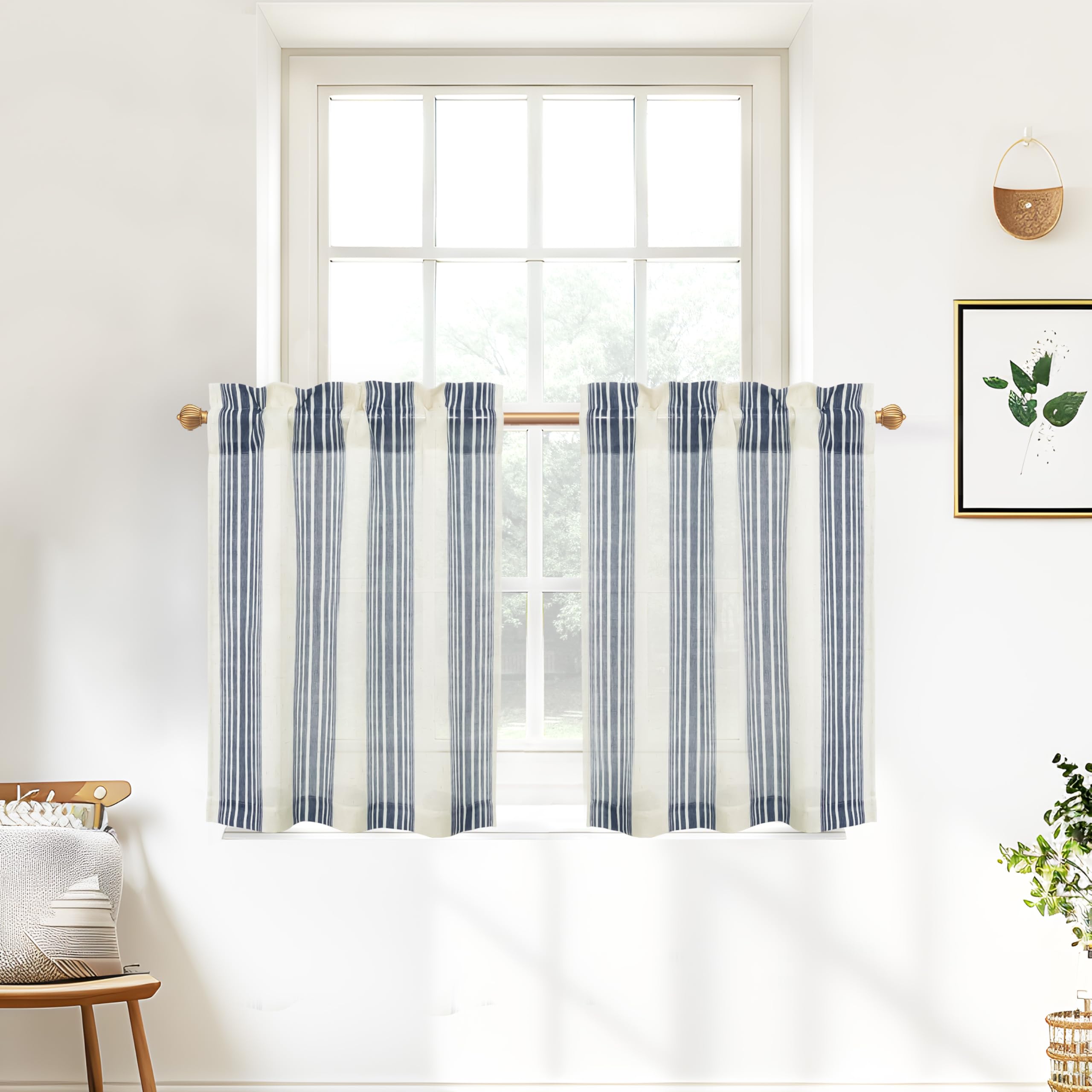 Photo 1 of DriftAway Kitchen Tier Curtains - Striped Linen Short Pinstripe Cafe Curtains 24 Inch Length for Living Room Bathroom Chris Farmhouse Rustic Rod Pocket 2 Panels Ivory Dark Blue