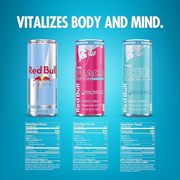 RED BULL ENERGY DRINK SUGARFREE VARIETY PACK, ZERO, PEACH, ICED VANILLA BERRY, WITH 80MG CAFFEINE, TAURINE & B VITAMINS, 8.4 FL. OZ, PACK OF 12 CAN