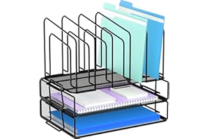 Gawerk Desk Organizer, Office Organization Metal Desk Organizers and Accessories, 2 Tier Stackable Letter Tray and 5 Upright Sections File Sorter Organizer Office Supplies for Home Office, Black