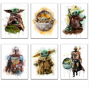 Star Wars The Child Baby Yoda Art Prints, Set of 6 (8 inches x 10 inches), Nursery Wall Art Stuff Decor, The Mandalorian Baby Grogu Photos, Kids Playroom, Wall Poster for Office (UNFRAMED)