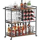 Lifewit Bar Cart for The Home, 3 Tier Drink Cart with Lockable Wheels, 12 Wine Rack and 3 Rows Glass Holders, Liquor Serving 