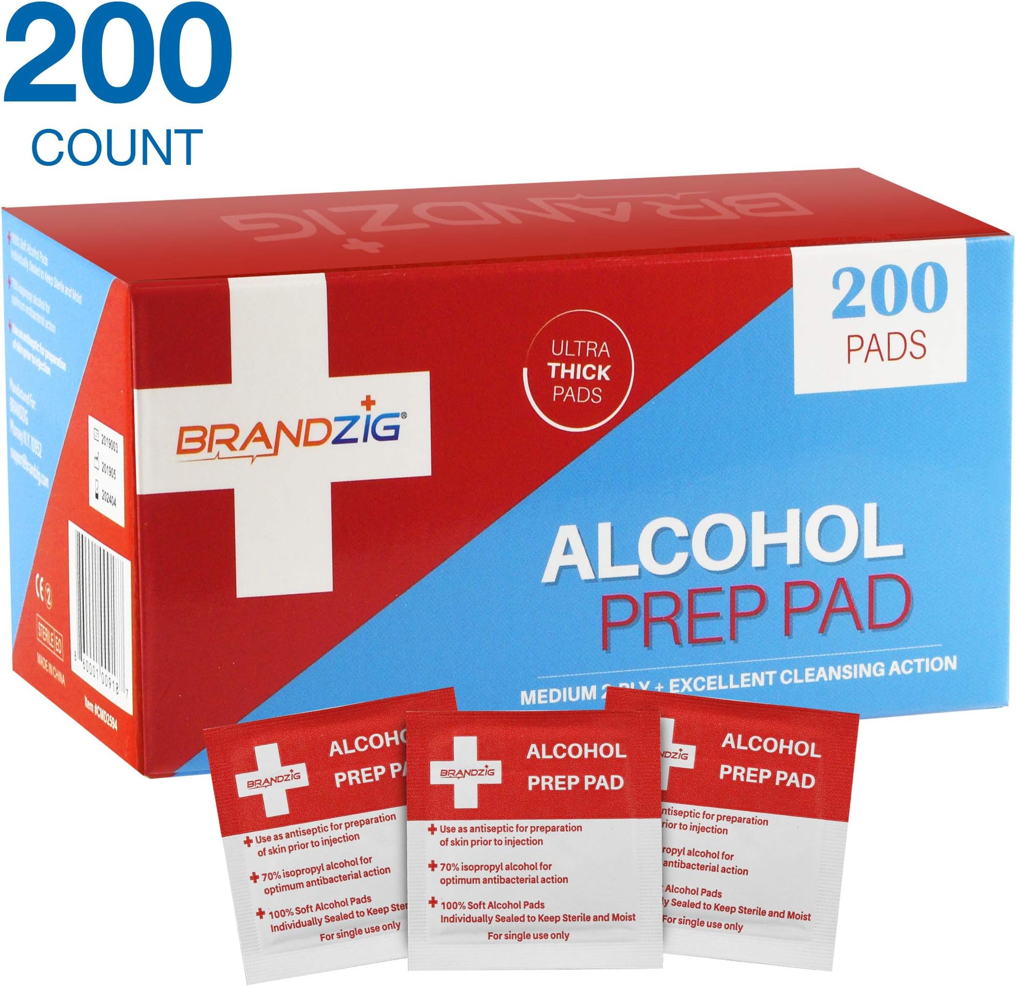 Alcohol Prep Pads (200-Pack) | Thick 2-Ply Antiseptic/Sanitizing Isopropyl Medical Wipes | Individually Wrapped Alcohol Cleansing Swabs for Antibacterial Protection, Diabetic Supplies, Hospitals