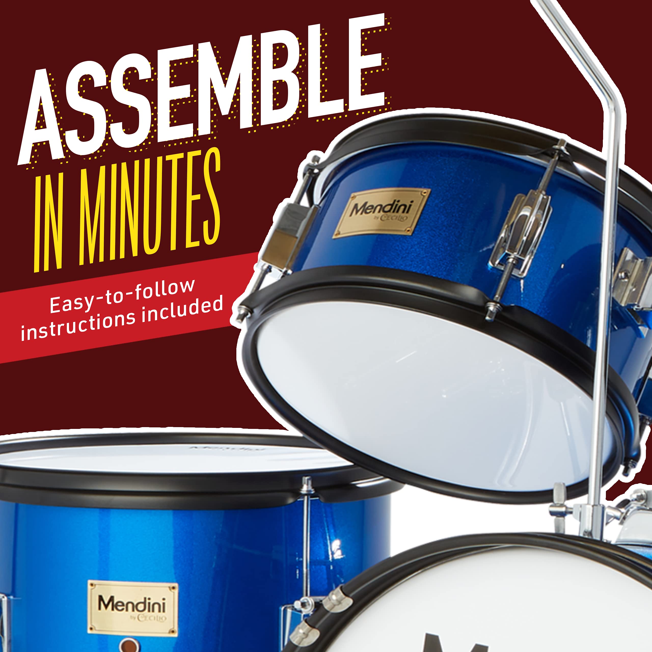 Mendini by Cecilio Kids Drum Set, 5 Piece 16 Inch Junior Drums Kit with Bass, Toms, Snare Drum, Cymbal, Hi-Hat, Drumsticks & Seat for Beginner Student (Metallic Blue)